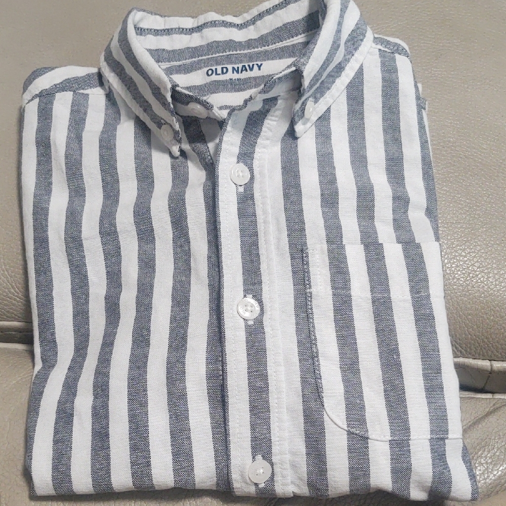 Old Navy White and Gray Boy's Vertical Stripe Button-Down Shirt